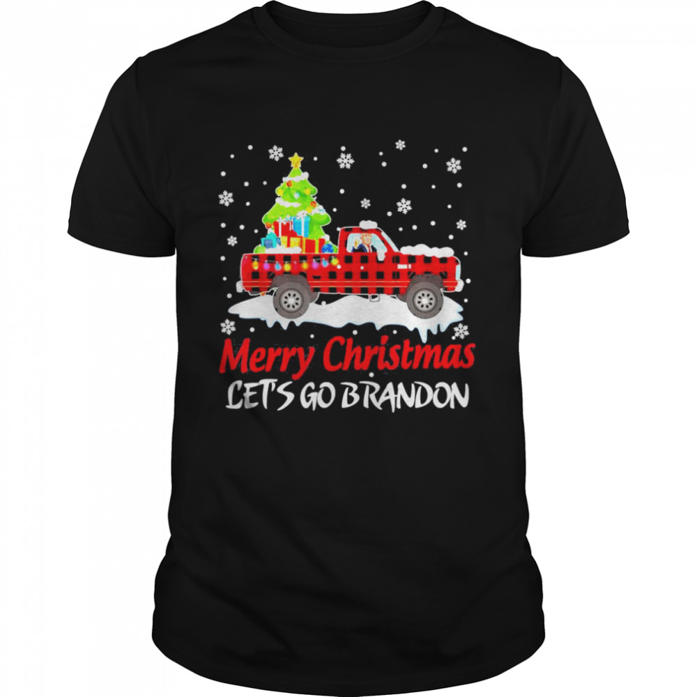 Let’s Go Brandon Merry Christmas Trump Riding Plaid Truck T-Shirt
