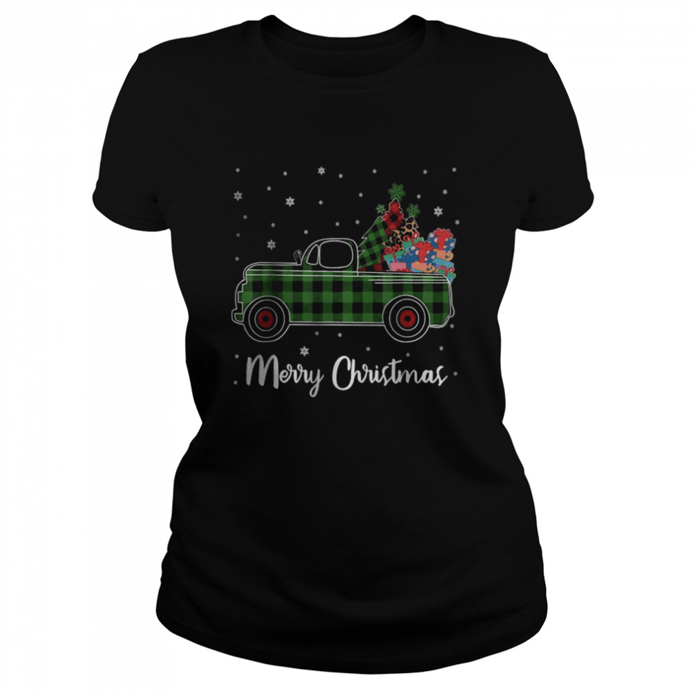 Merry Christmas Leopard Buffalo Truck Tree Green Plaid T- Classic Women's T-shirt