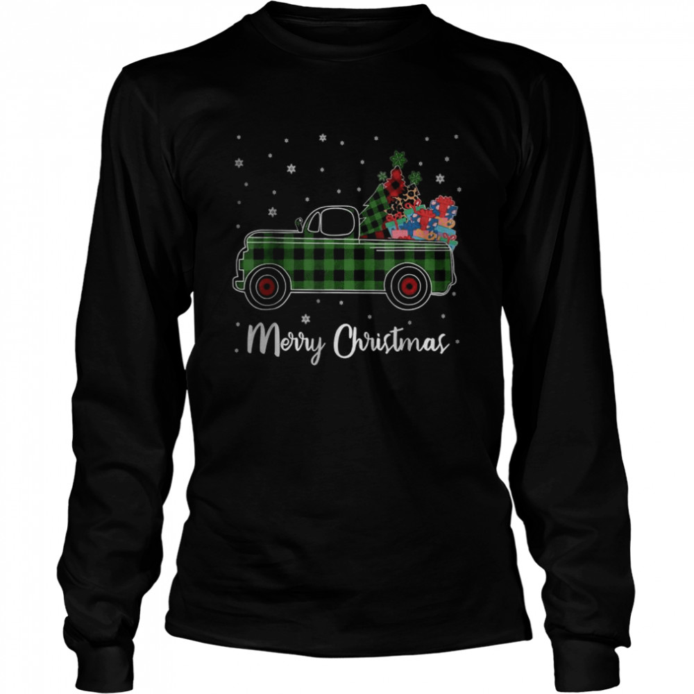 Merry Christmas Leopard Buffalo Truck Tree Green Plaid T- Long Sleeved T-shirt