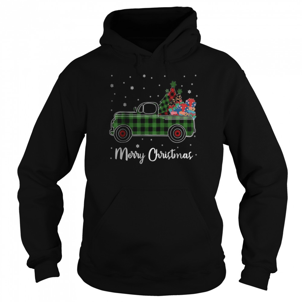 Merry Christmas Leopard Buffalo Truck Tree Green Plaid T- Unisex Hoodie