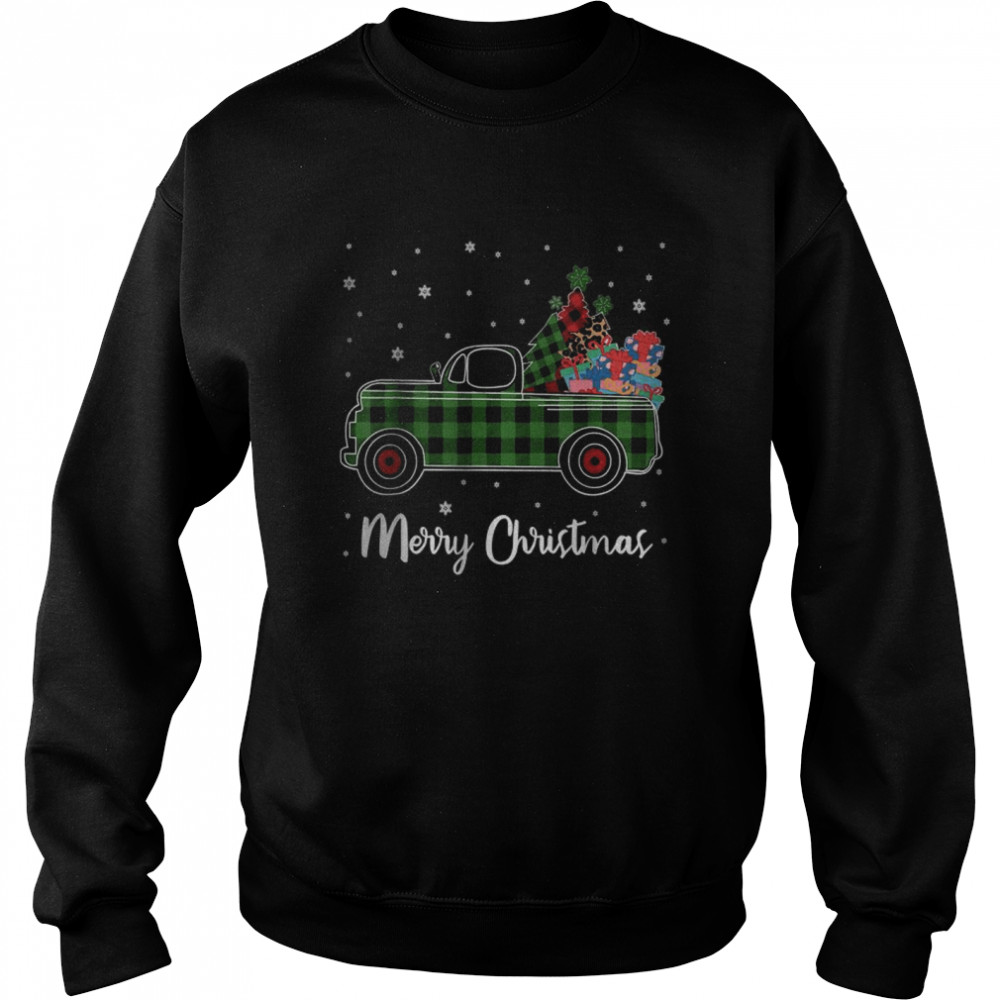 Merry Christmas Leopard Buffalo Truck Tree Green Plaid T- Unisex Sweatshirt