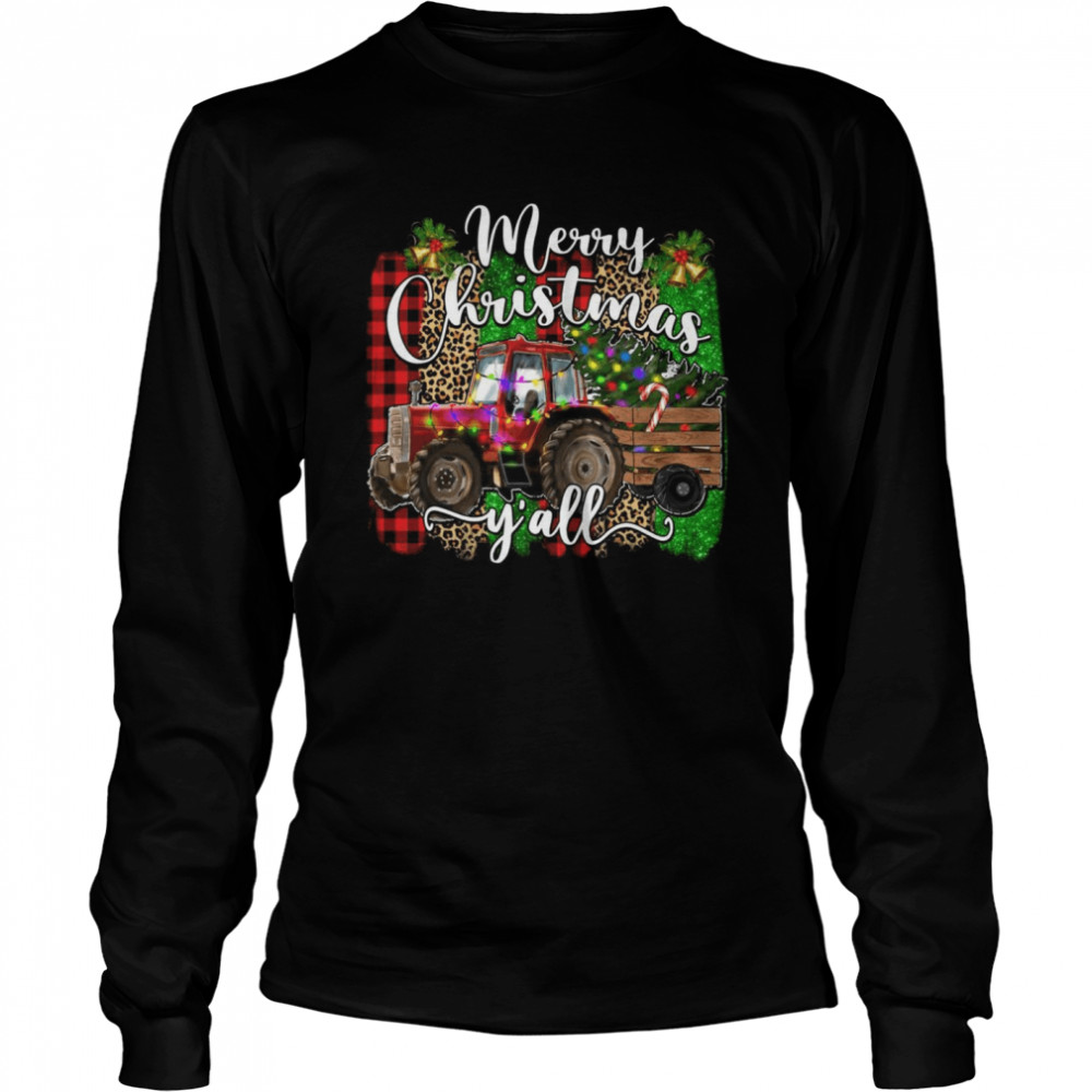 Merry Christmas Y’all Plaid Farmer Tractor Light Christmas Long Sleeved T-shirt