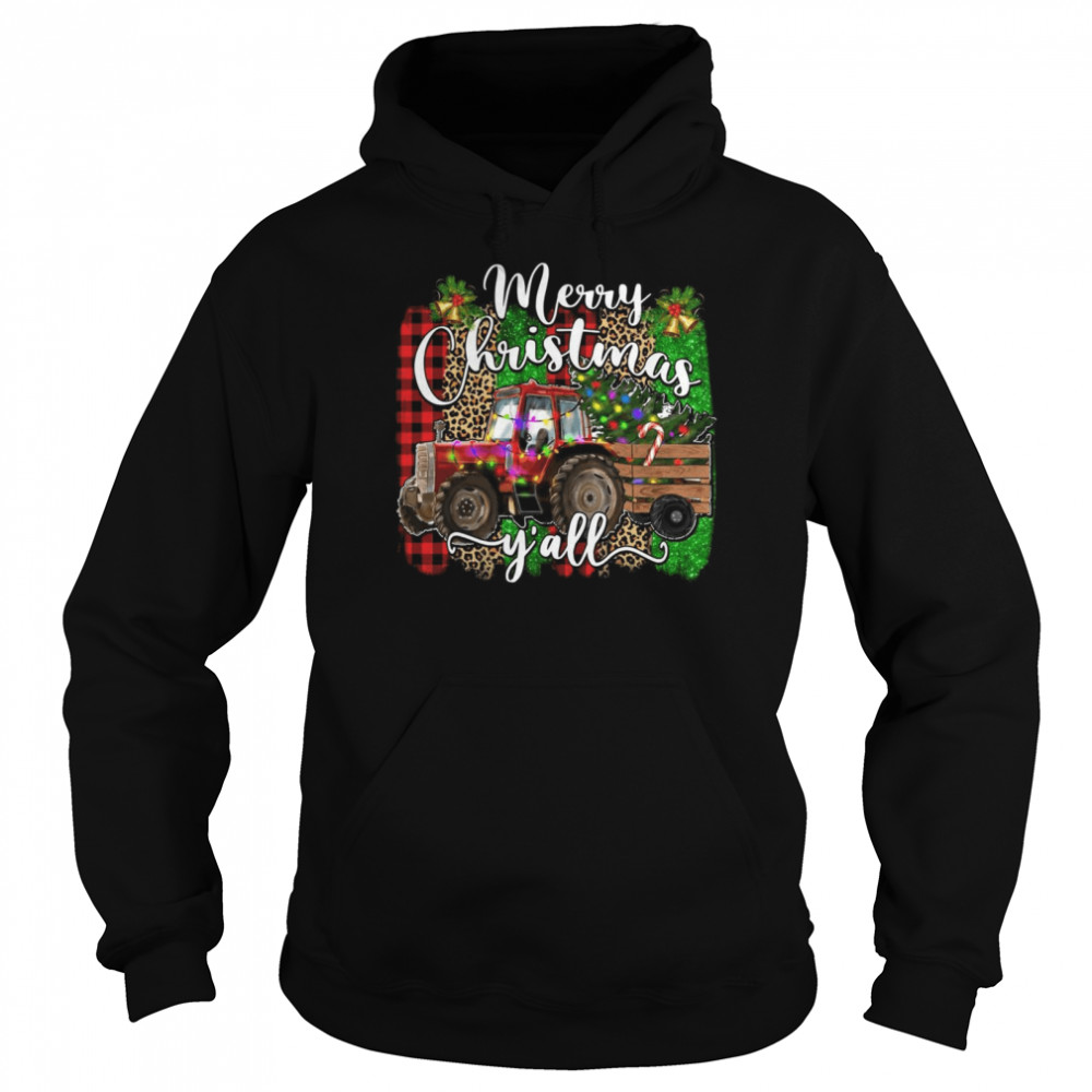 Merry Christmas Y’all Plaid Farmer Tractor Light Christmas Unisex Hoodie