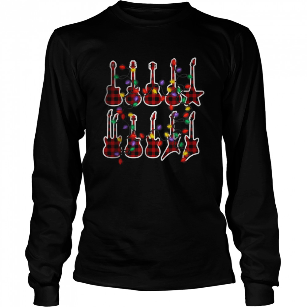 Red Plaid Guitar Christmas Pajamas Guitarist Xmas Lights T- Long Sleeved T-shirt