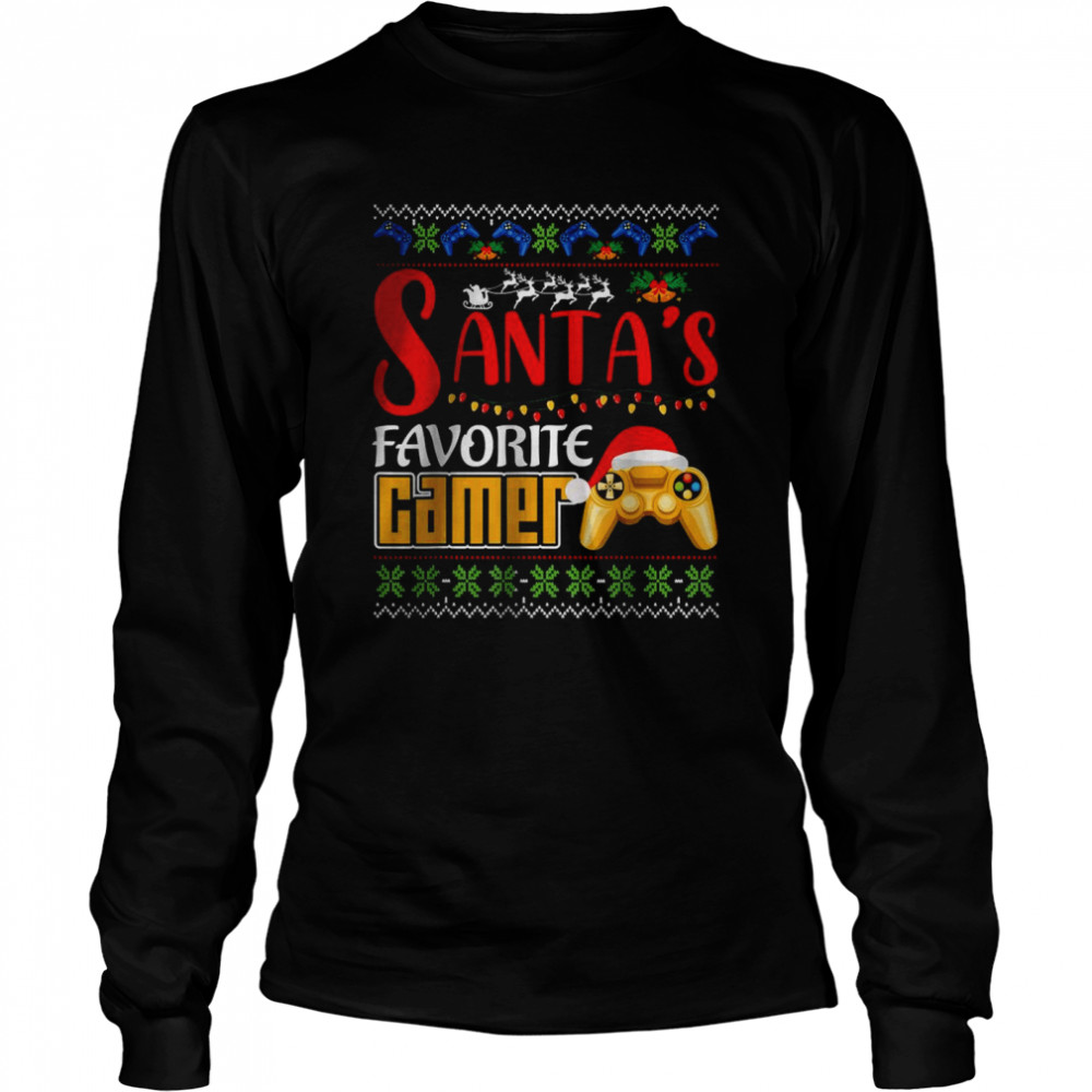 Santa’s Favorite Video Game Christmas Pajama Santa Hat Light Long Sleeved T-shirt