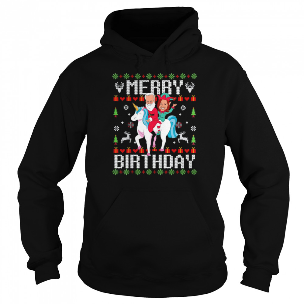 Biden Harris Riding Unicorn Merry Birthday Ugly Christmas shirt Unisex Hoodie