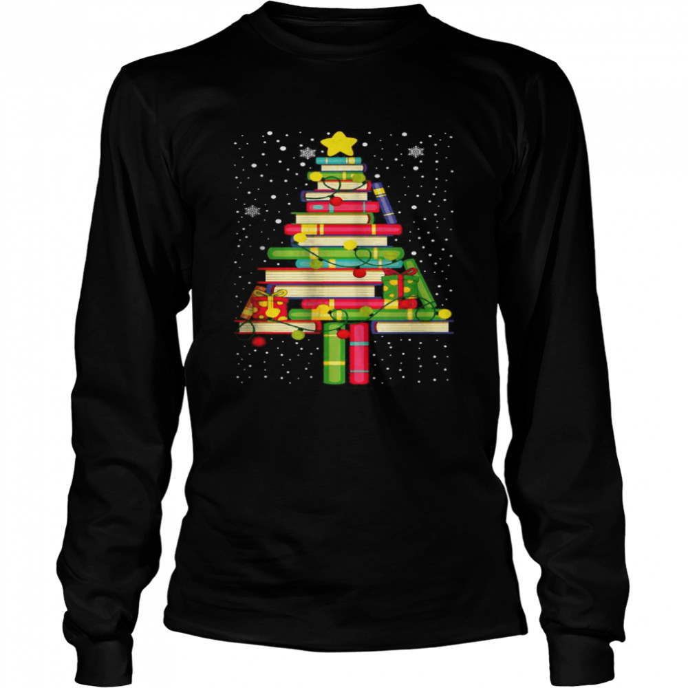 Books Christmas Tree Xmas Librarian Book Lovers Pajama T- Long Sleeved T-shirt