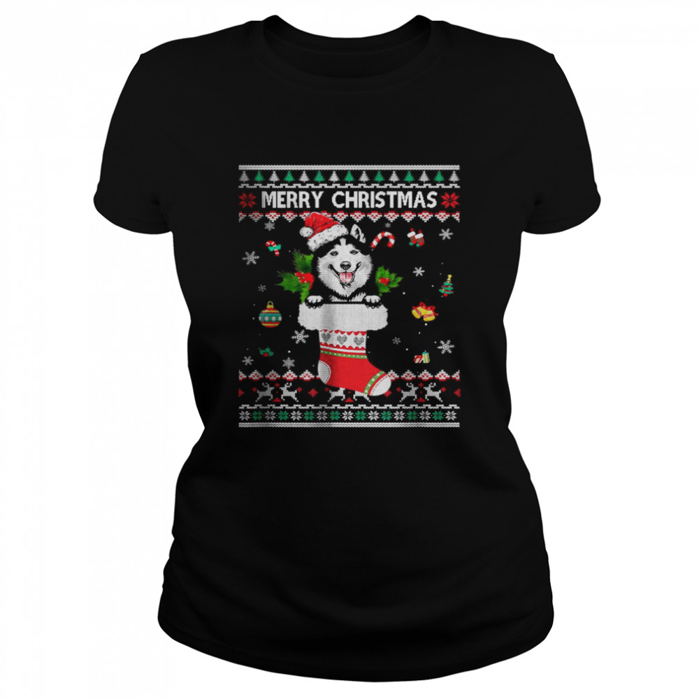 Merry Christmas Siberian Husky In Sock Dog Ugly Xmas T- Classic Women's T-shirt