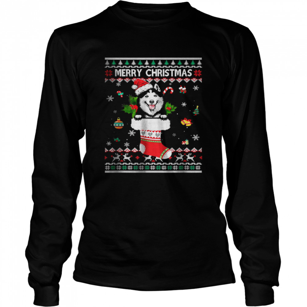 Merry Christmas Siberian Husky In Sock Dog Ugly Xmas T- Long Sleeved T-shirt
