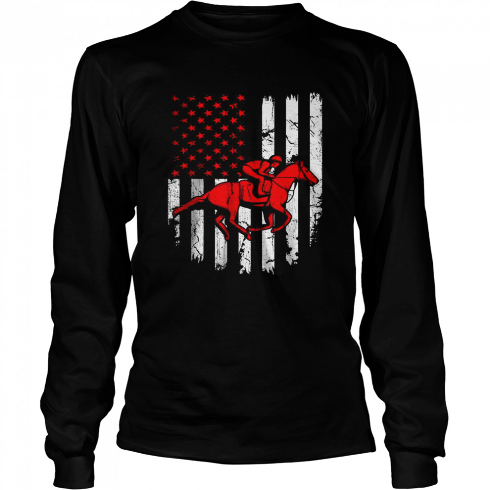 American Flag Equestrian USA Patriotic Sport Lover Christmas T- Long Sleeved T-shirt