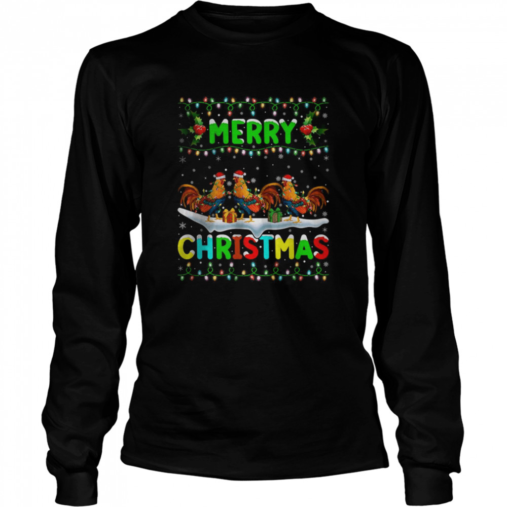 Best Xmas Rooster Bird Lighting Santa Hat Merry Christmas Rooster shirt Long Sleeved T-shirt