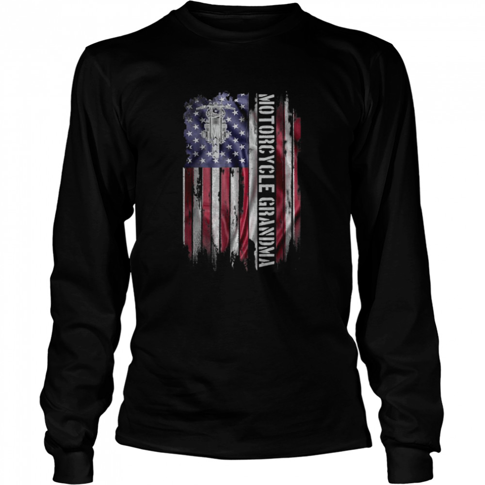 Vintage USA Flag Motorcycle Dirt Bike Grandma Silhouette T- Long Sleeved T-shirt