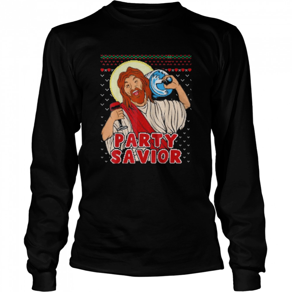 Party Savior Jesus Christ Santa Beer Ugly Christmas shirt Long Sleeved T-shirt