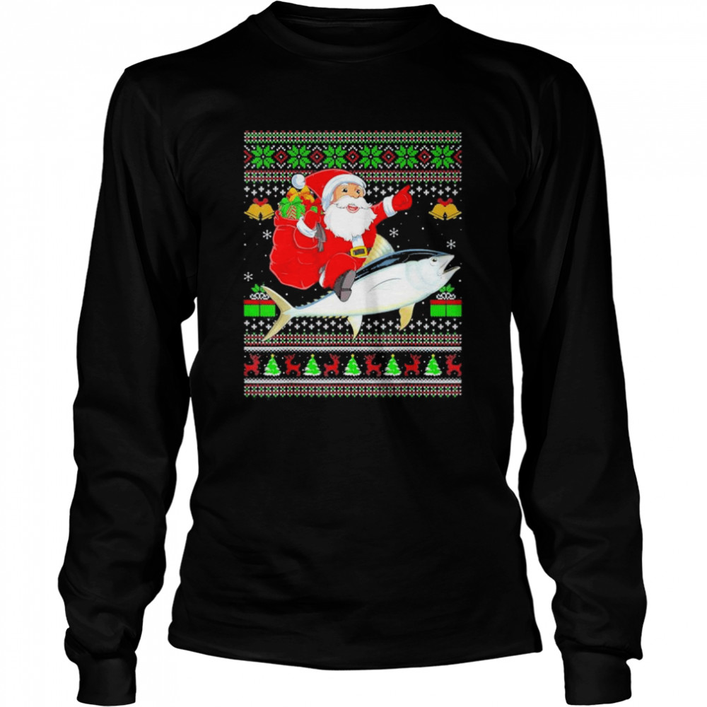 Ugly Xmas Santa Claus Riding Tuna Fish Christmas shirt Long Sleeved T-shirt