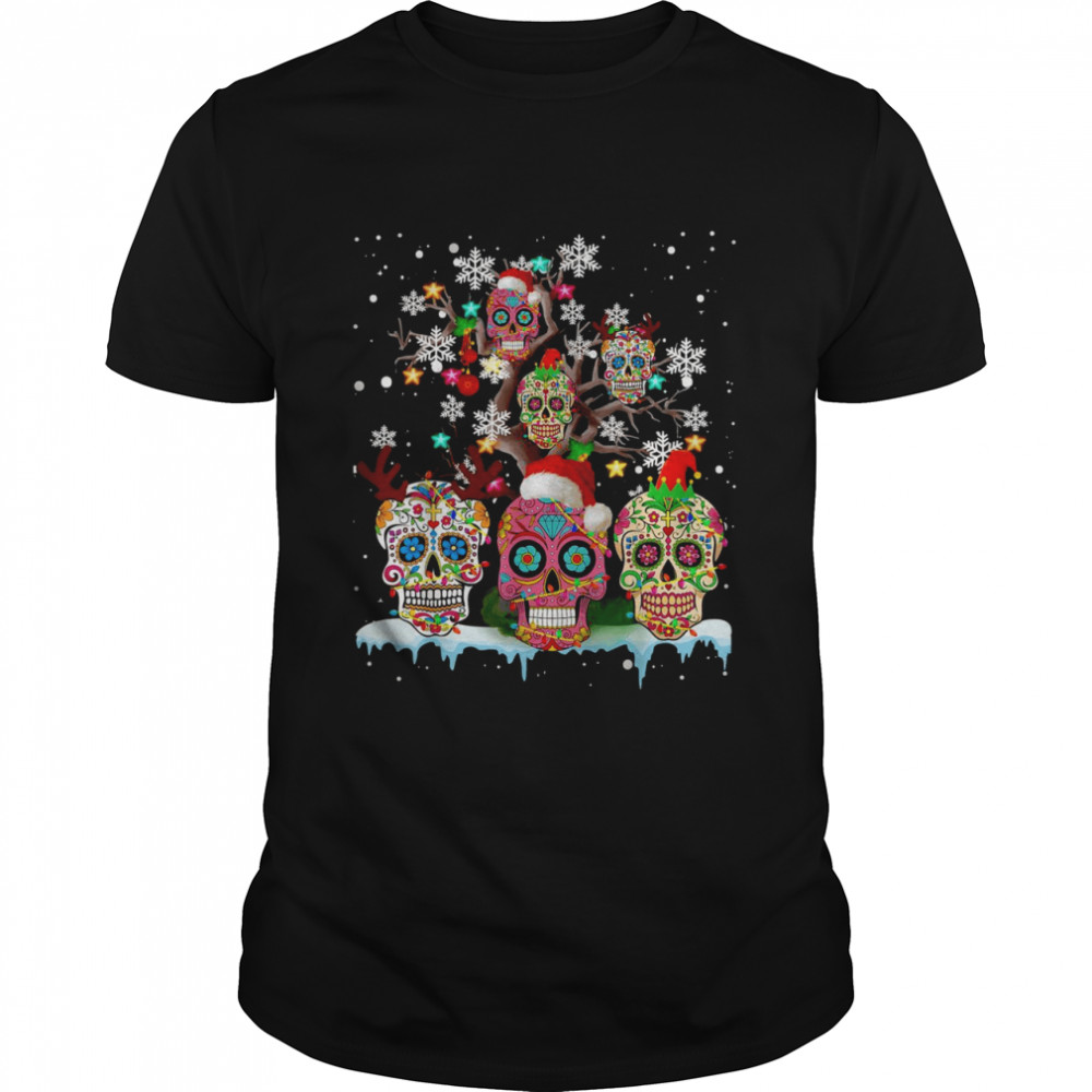 Santa Reindeer Sugar Skull On Christmas Tree Mexican Shirt