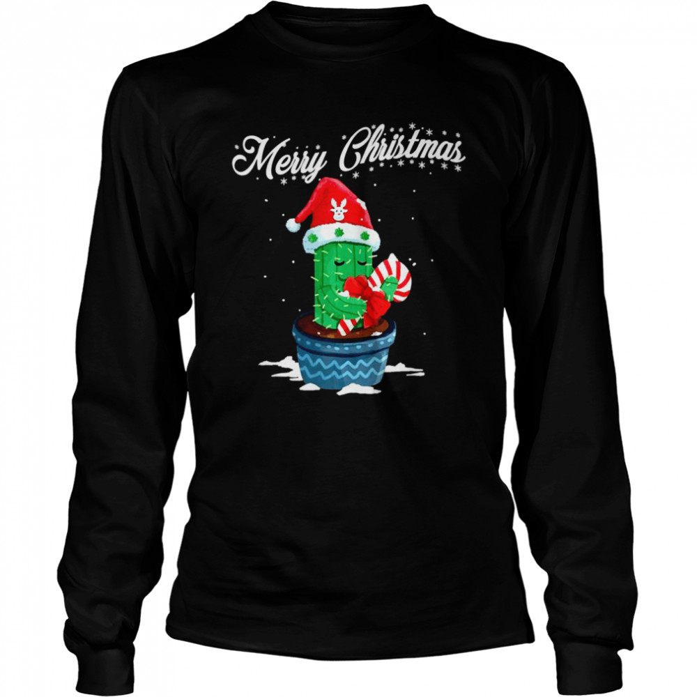 Merry Christmas Cute Cactus Santa Hat Candy Cane Xmas Long Sleeved T-shirt