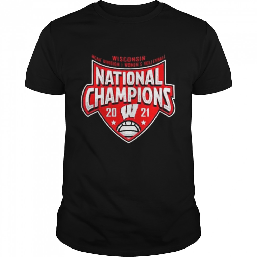 Wisconsin Badgers Black 2021 Volleyball National Champions Shield T-Shirt