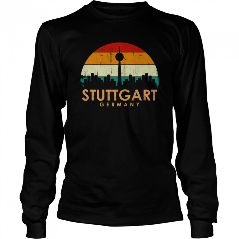 Vintage Retro Style Landscape SunSkyline Stuttgart Germany Long Sleeved T-shirt