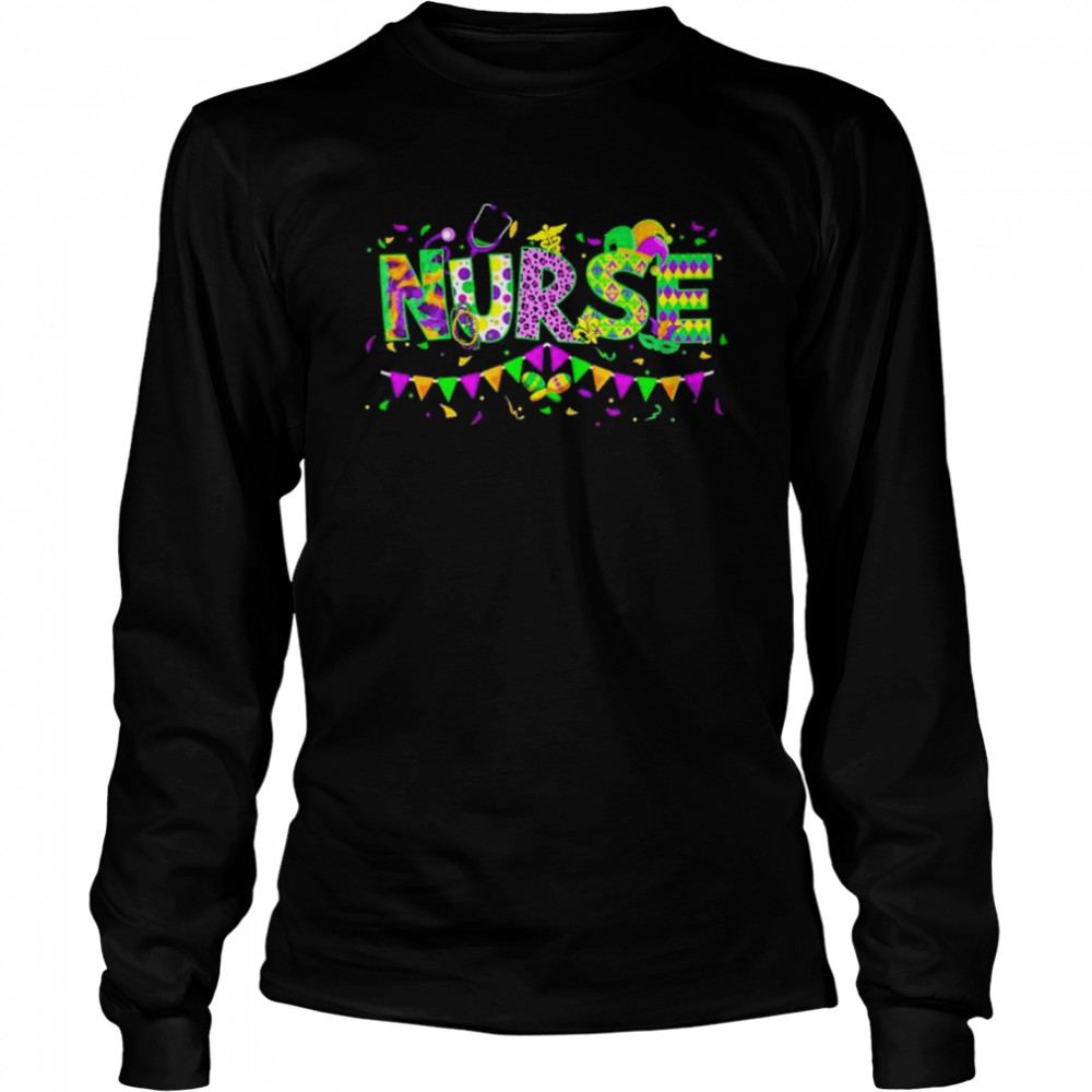 Leopard Mardi Gras Nurse Nursing School Apparel shirt Long Sleeved T-shirt