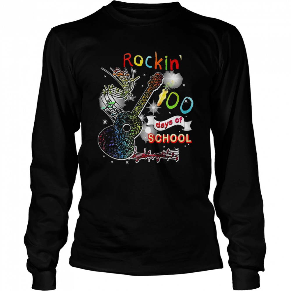 Rockin’ 100 Days Of School Guitar Student Music Teacher Long Sleeved T-shirt