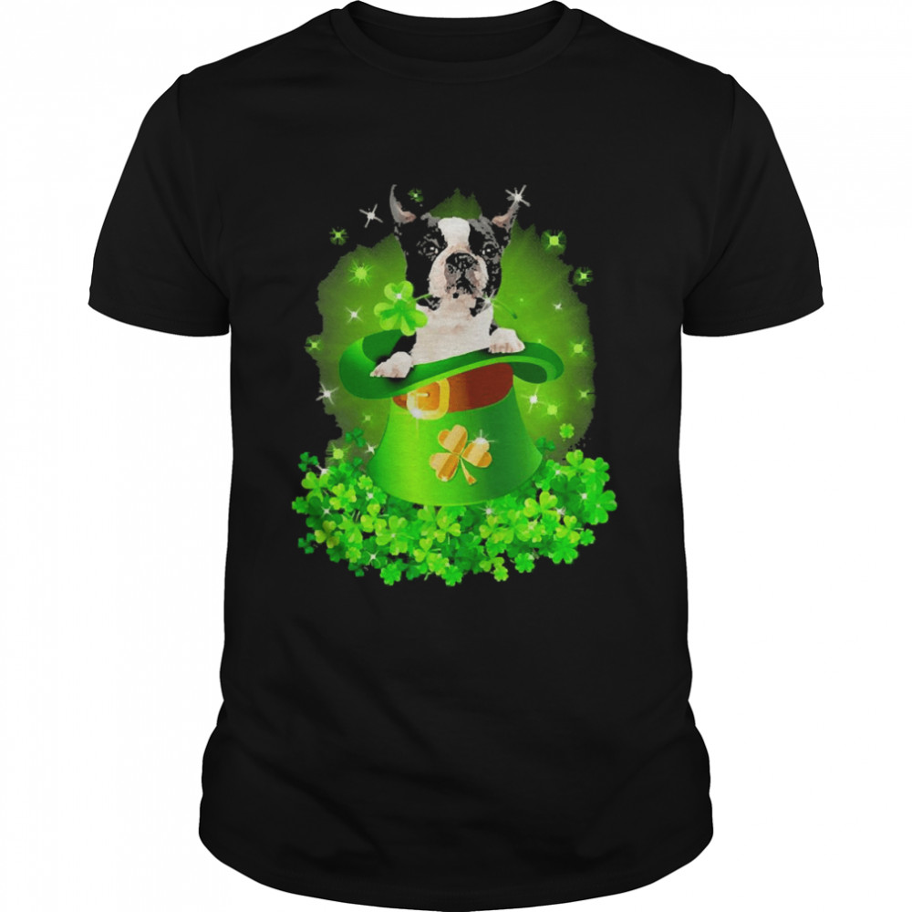 St. Patricks Day Shamrock Lucky Hat Black Boston Terrier Dogs Classic Men's T-shirt