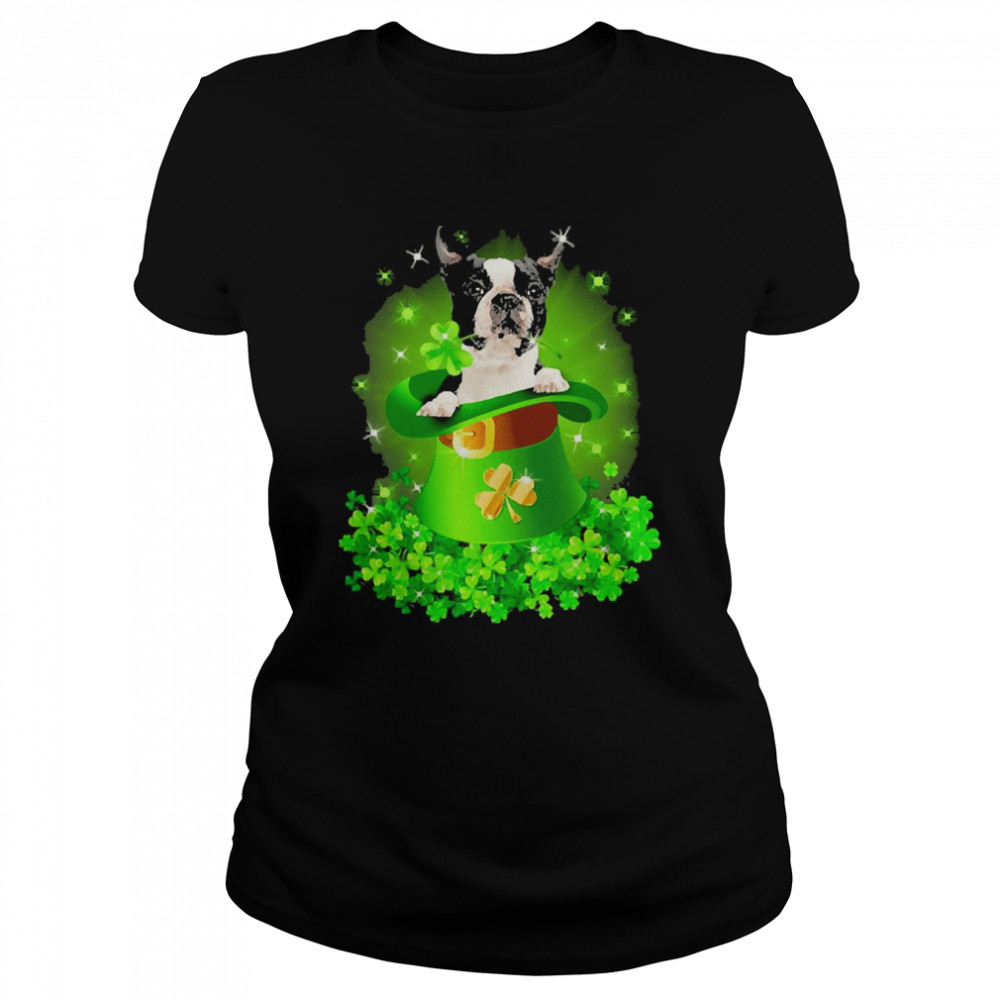 St. Patricks Day Shamrock Lucky Hat Black Boston Terrier Dogs Classic Women's T-shirt