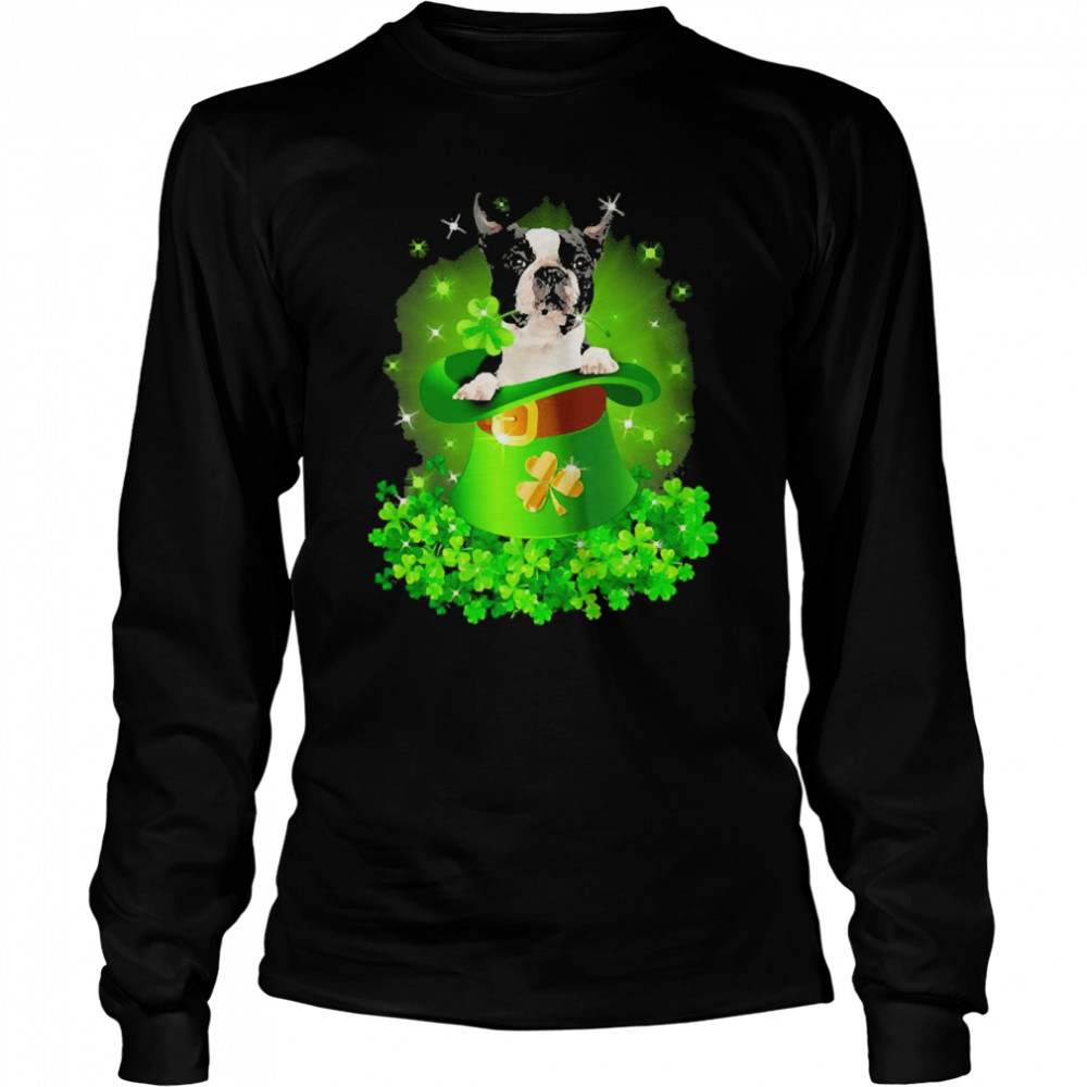 St. Patricks Day Shamrock Lucky Hat Black Boston Terrier Dogs Long Sleeved T-shirt