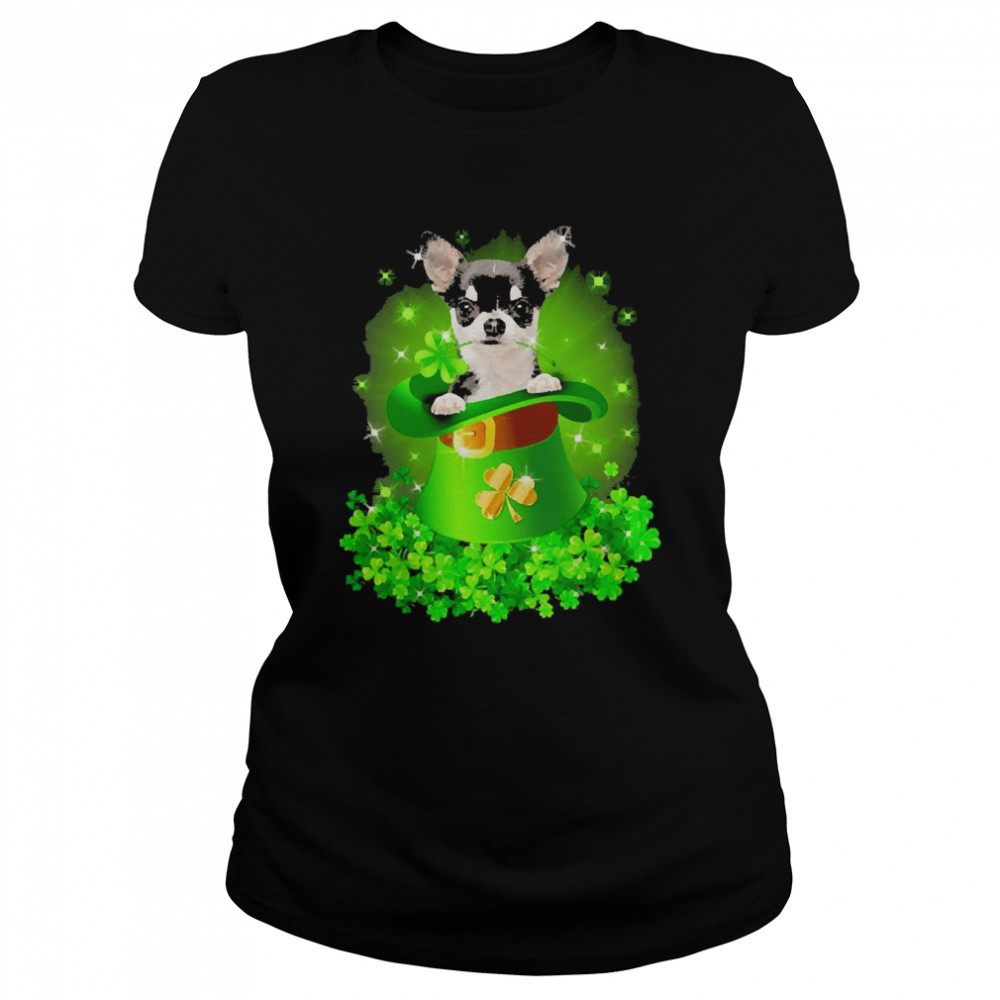 St. Patricks Day Shamrock Lucky Hat Black Chihuahua Dogs Classic Women's T-shirt