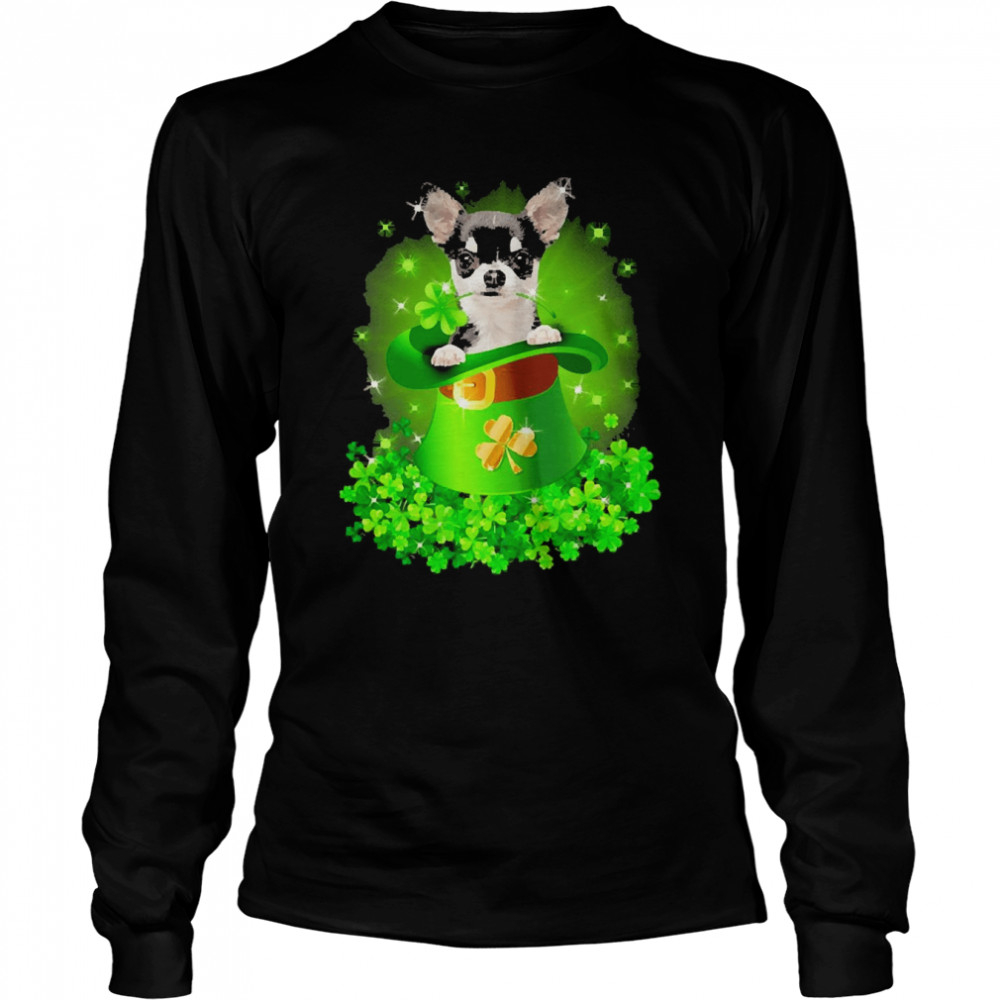 St. Patricks Day Shamrock Lucky Hat Black Chihuahua Dogs Long Sleeved T-shirt