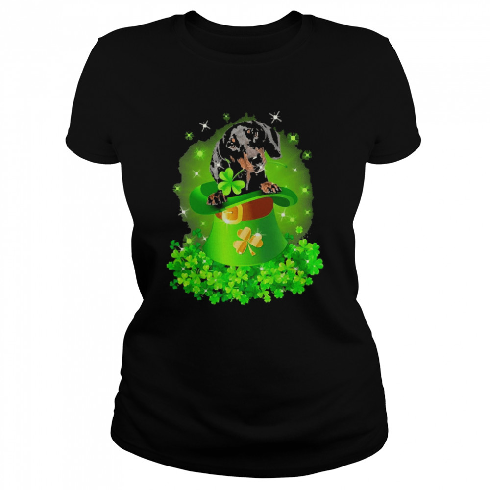 St. Patricks Day Shamrock Lucky Hat Black Dachshund Dogs Classic Women's T-shirt