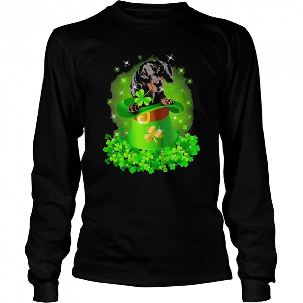 St. Patricks Day Shamrock Lucky Hat Black Dachshund Dogs Long Sleeved T-shirt