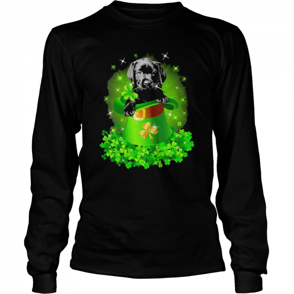 St. Patricks Day Shamrock Lucky Hat Black Labrador Pup Dogs Long Sleeved T-shirt