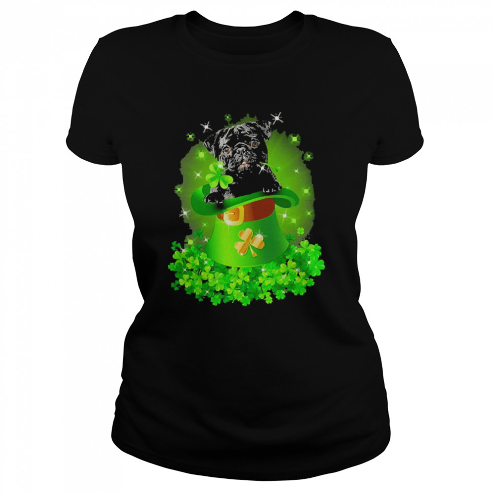 St. Patricks Day Shamrock Lucky Hat Black Pug Dogs Classic Women's T-shirt