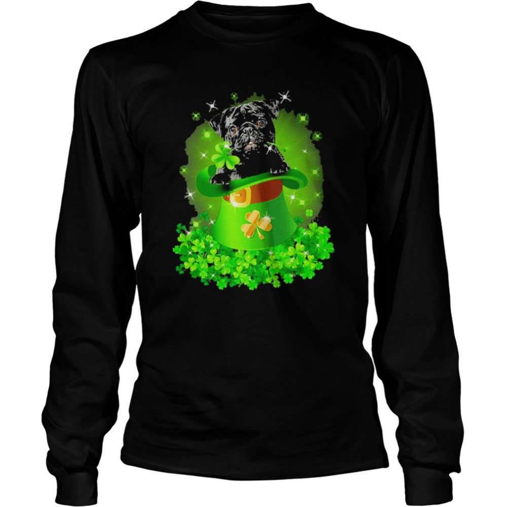 St. Patricks Day Shamrock Lucky Hat Black Pug Dogs Long Sleeved T-shirt