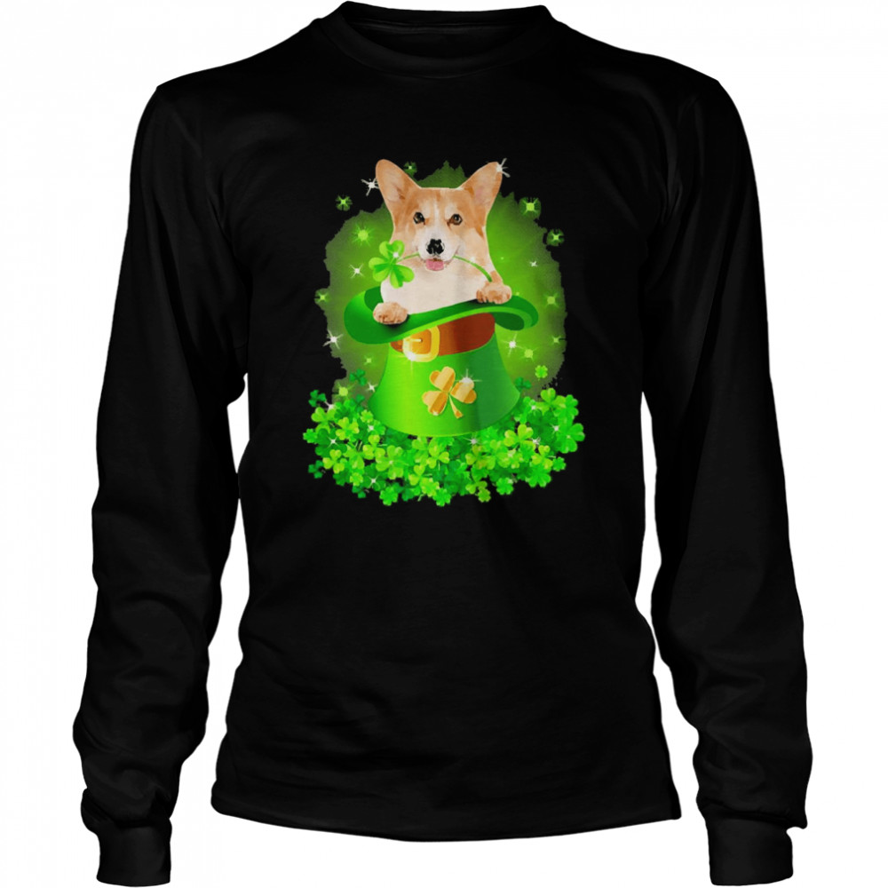 St. Patricks Day Shamrock Lucky Hat Corgi Dogs Long Sleeved T-shirt