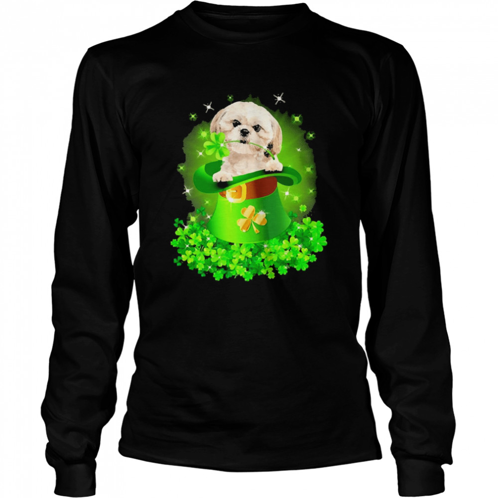 St. Patricks Day Shamrock Lucky Hat Cream Shih Tzu Dogs Long Sleeved T-shirt