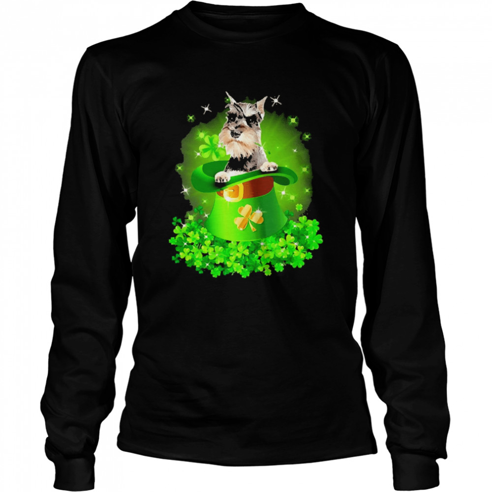 St. Patricks Day Shamrock Lucky Hat Grey Miniature Schnauzer Dogs Long Sleeved T-shirt