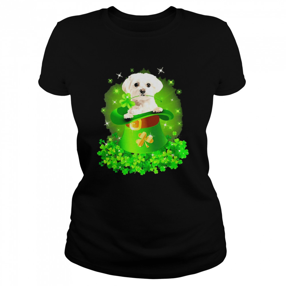 St. Patricks Day Shamrock Lucky Hat White Maltese Dogs Classic Women's T-shirt