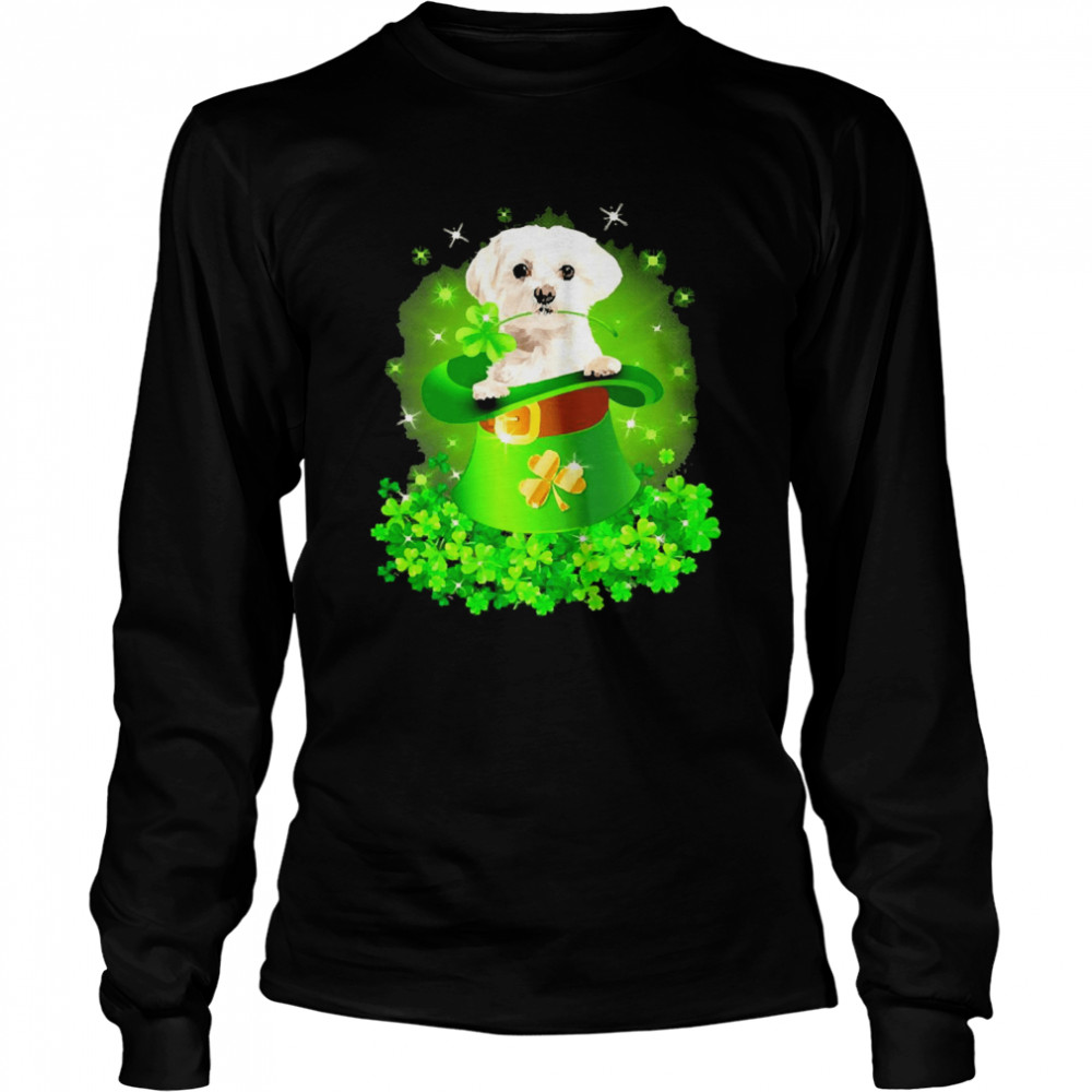 St. Patricks Day Shamrock Lucky Hat White Maltese Dogs Long Sleeved T-shirt