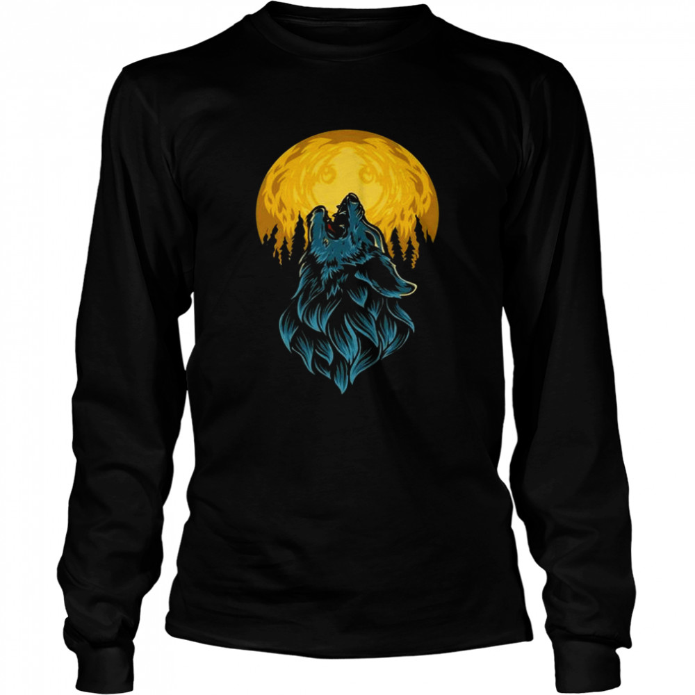 Howling Wolf head and moon art T-shirt Long Sleeved T-shirt