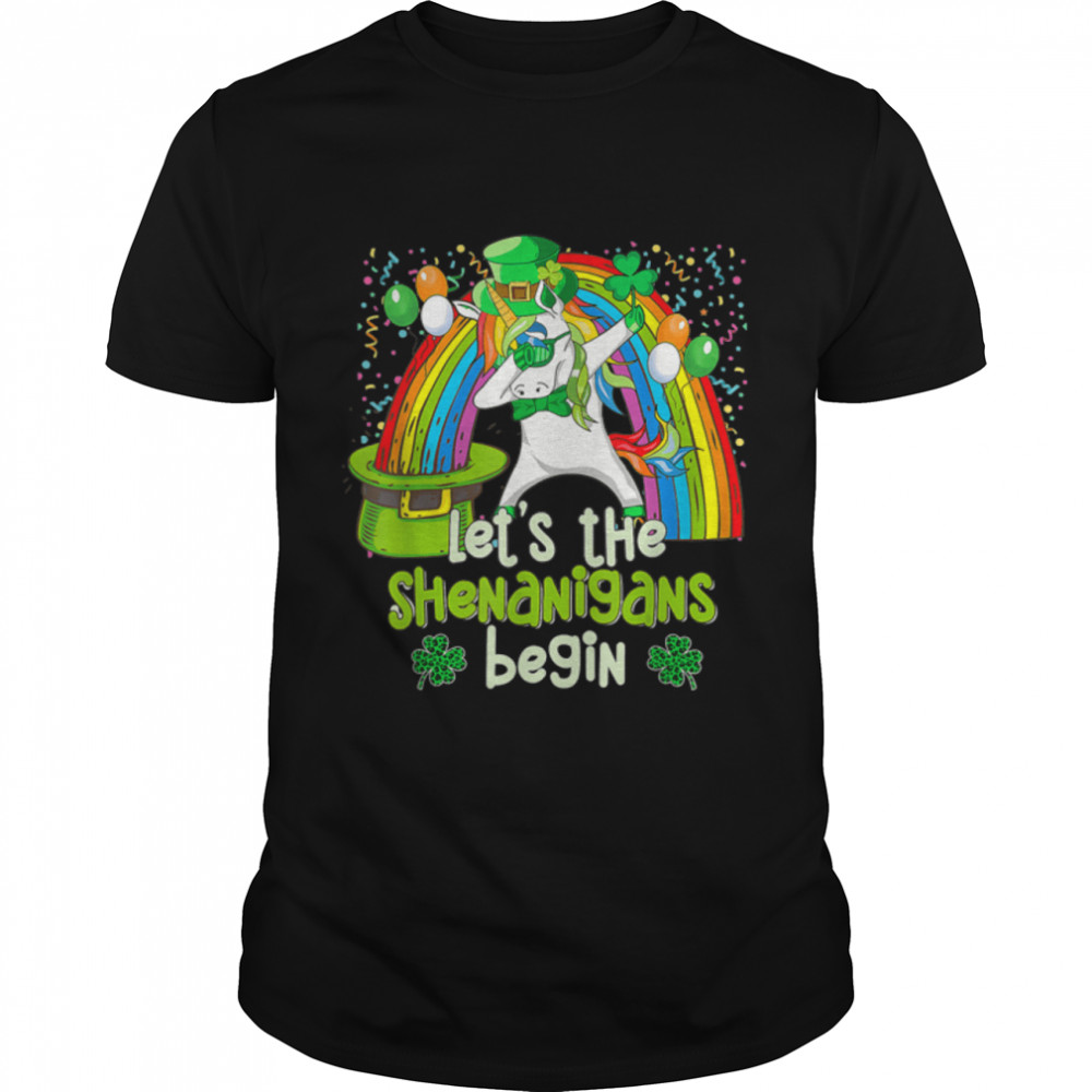 Let’s Shenanigans Begin Funny Dabbing Unicorn St Patrick Day T-Shirt B09SCKXR8F