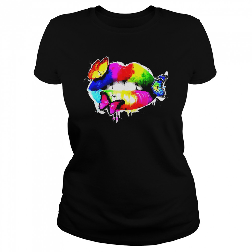 Colorful Sexy Rainbow Lips Mouth With Butterflies Classic Women's T-shirt