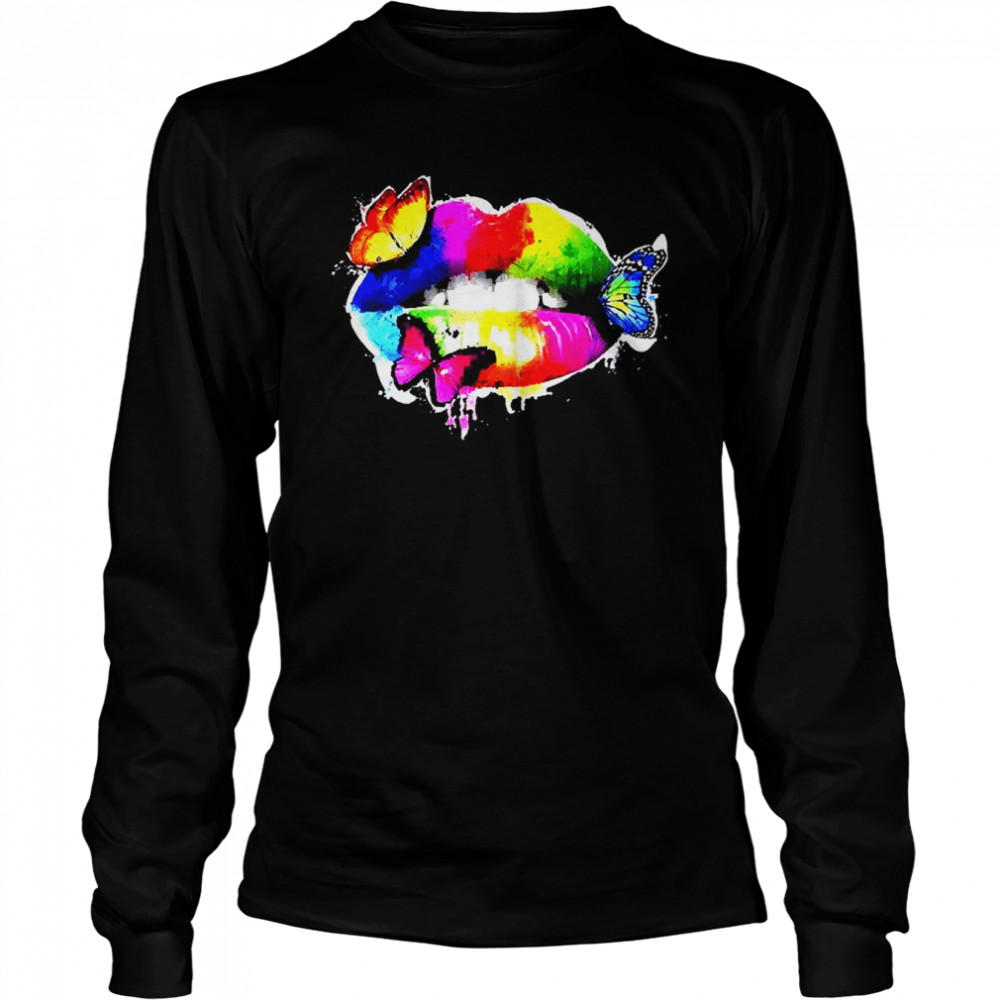 Colorful Sexy Rainbow Lips Mouth With Butterflies Long Sleeved T-shirt