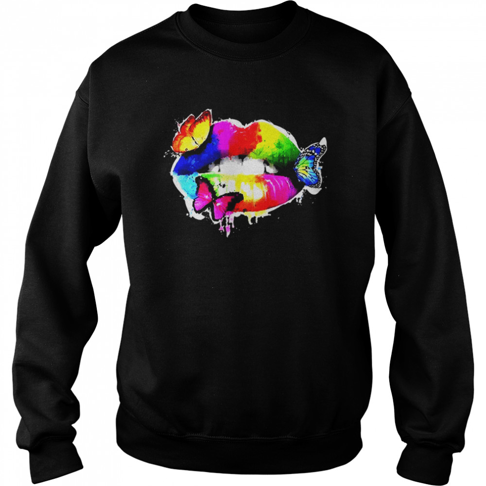 Colorful Sexy Rainbow Lips Mouth With Butterflies Unisex Sweatshirt