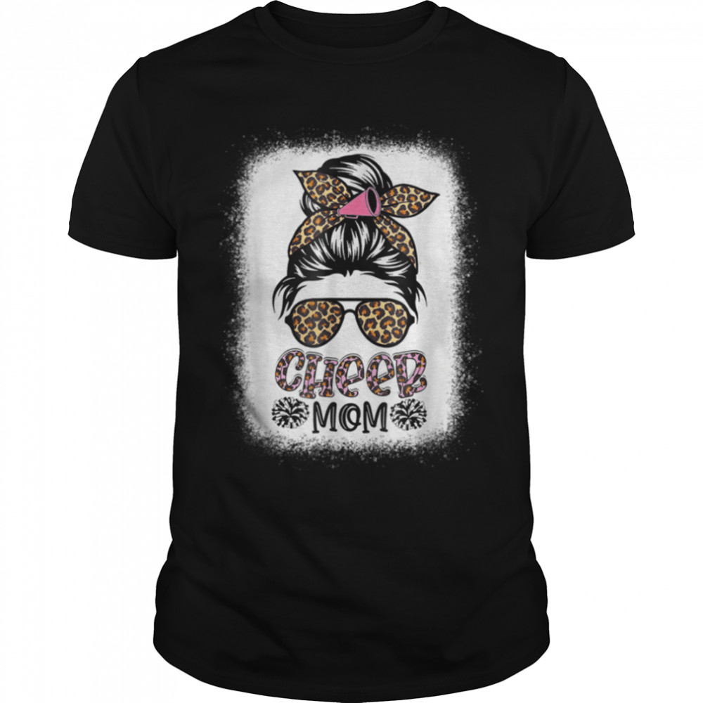 Cheer Mom Leopard Messy Bun Cheerleader Bleached Mothers DaY T-Shirt B09VYX3F1G