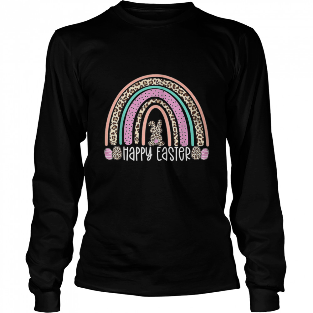 Rainbow Easter Leopard Happy Easter Bunny Rabbit Women Girls T- B09W5ZXRGM Long Sleeved T-shirt