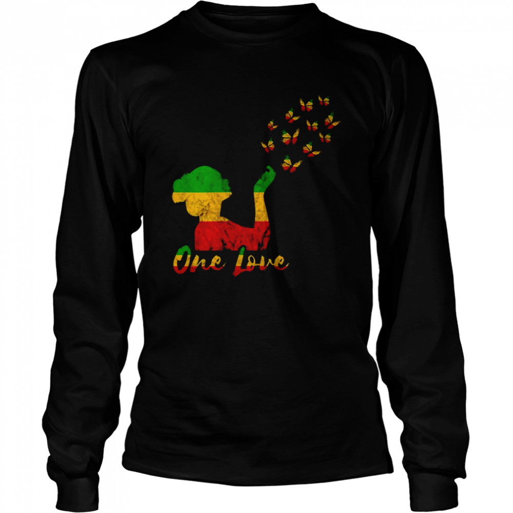 Womens One Love Rasta Reggae Butterfly Faith Rastafarian Girl Long Sleeved T-shirt