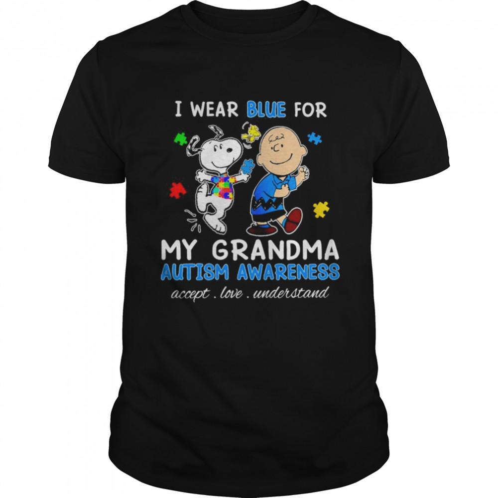 Snoopy Woodstock And Charlie Brown I Wear Blue For My Grandma Autism Awareness Accept Love Understand Shirt