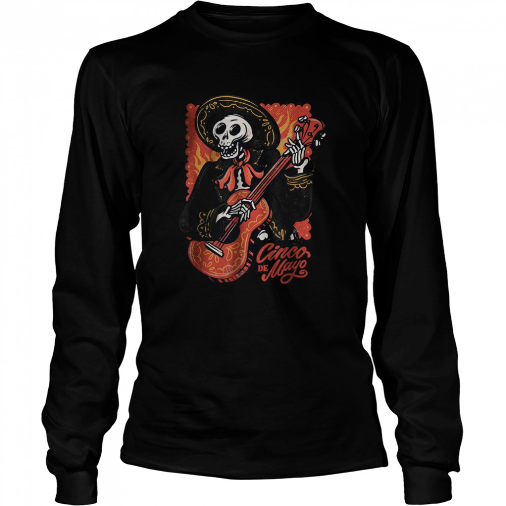 Cinco de Mayo Mexican Mariachi Skeleton with Guitar Graphic T- Long Sleeved T-shirt