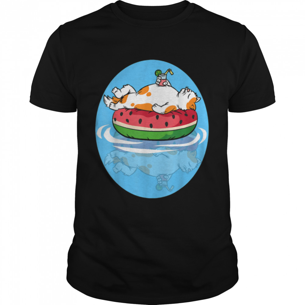 Funny Cat Floating On The Water, Catermelon Summer Vaccation T-Shirt B0B1PCT3ZH